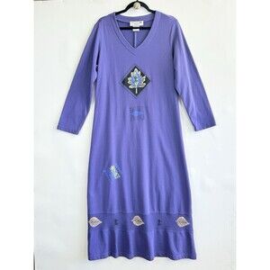 Studio G Genuine Vintage Womens Medium Purple Artsy Boho Stamped Leaf Maxi Dress